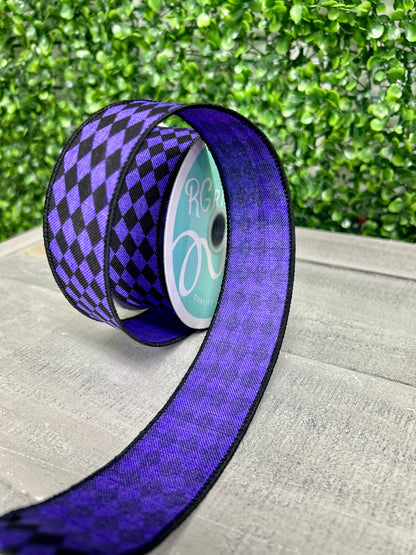 1.5 Inch By 10 Yard Purple And Black Small Harlequin On Royal Ribbon
