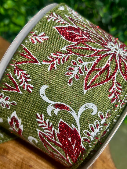 2.5 Inch By 10 Yard Red Glitter Leaf On Moss Green Ribbon