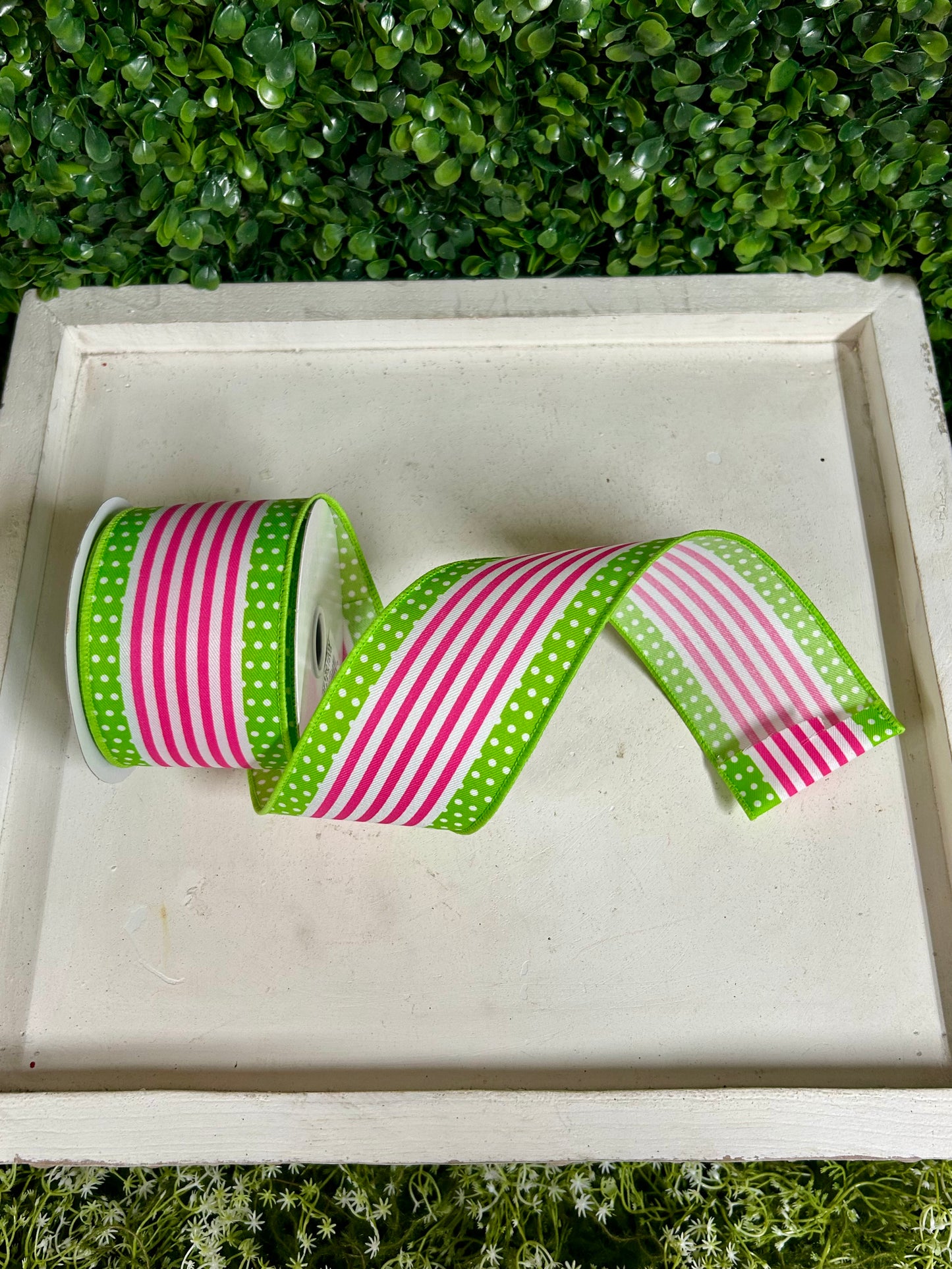 2.5 Inch By 10 Yard White Hot Pink And Lime Vertical Stripe And Polka Dot Edge Ribbon