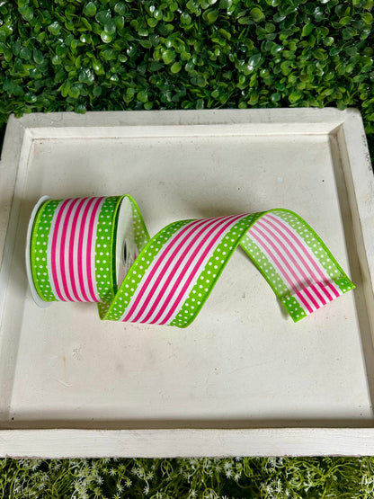 2.5 Inch By 10 Yard White Hot Pink And Lime Vertical Stripe And Polka Dot Edge Ribbon