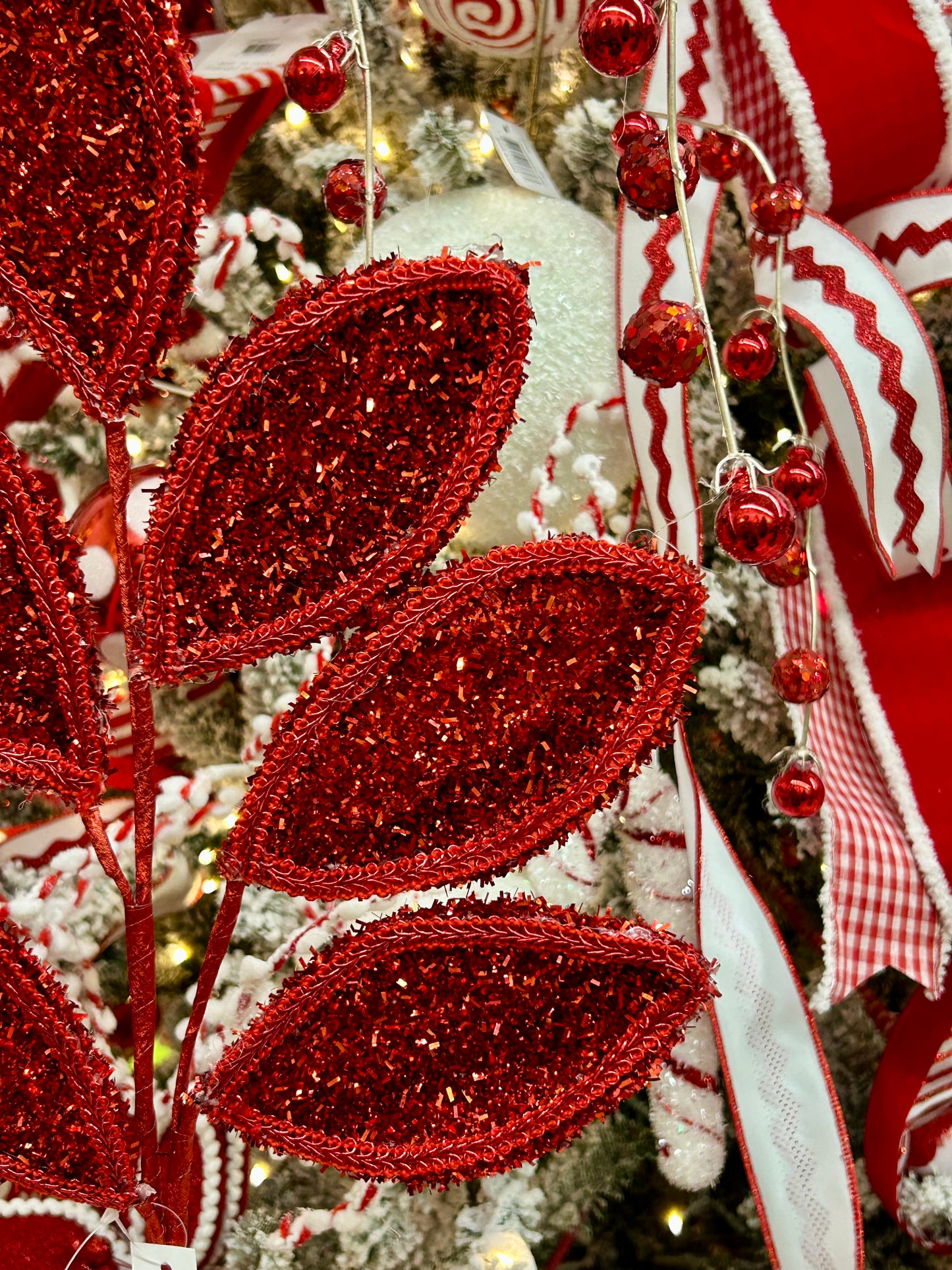 28 Inch Red Glitter And Lace Leaf Spray