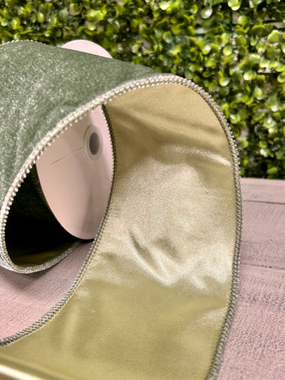 4 Inch By 10 Yard Sage Green Deluxe Velvet With Satin Backing Ribbon