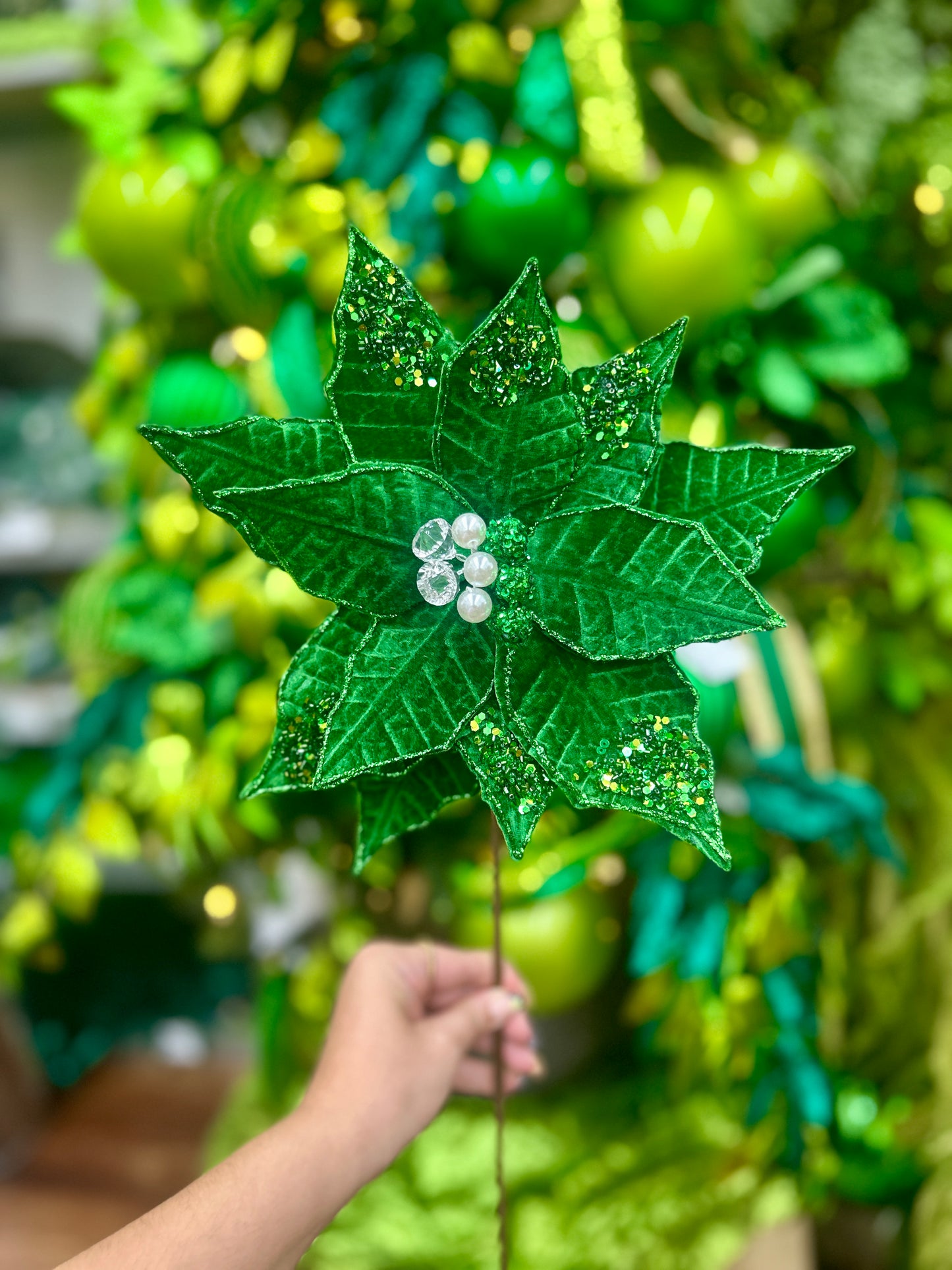22 Inch Emerald Green Glitter And Sequin Poinsettia