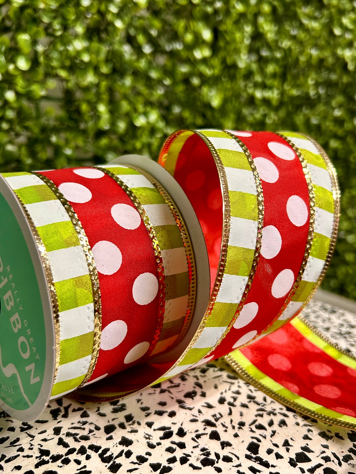 2.5 Inch By 10 Yard Red And White Polka Dots With Lime Stripes Ribbon