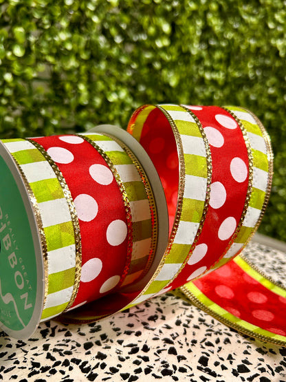 2.5 Inch By 10 Yard Red And White Polka Dots With Lime Stripes Ribbon