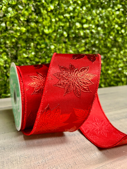2.5 Inch By 10 Yard Red Metallic Poinsettia Ribbon
