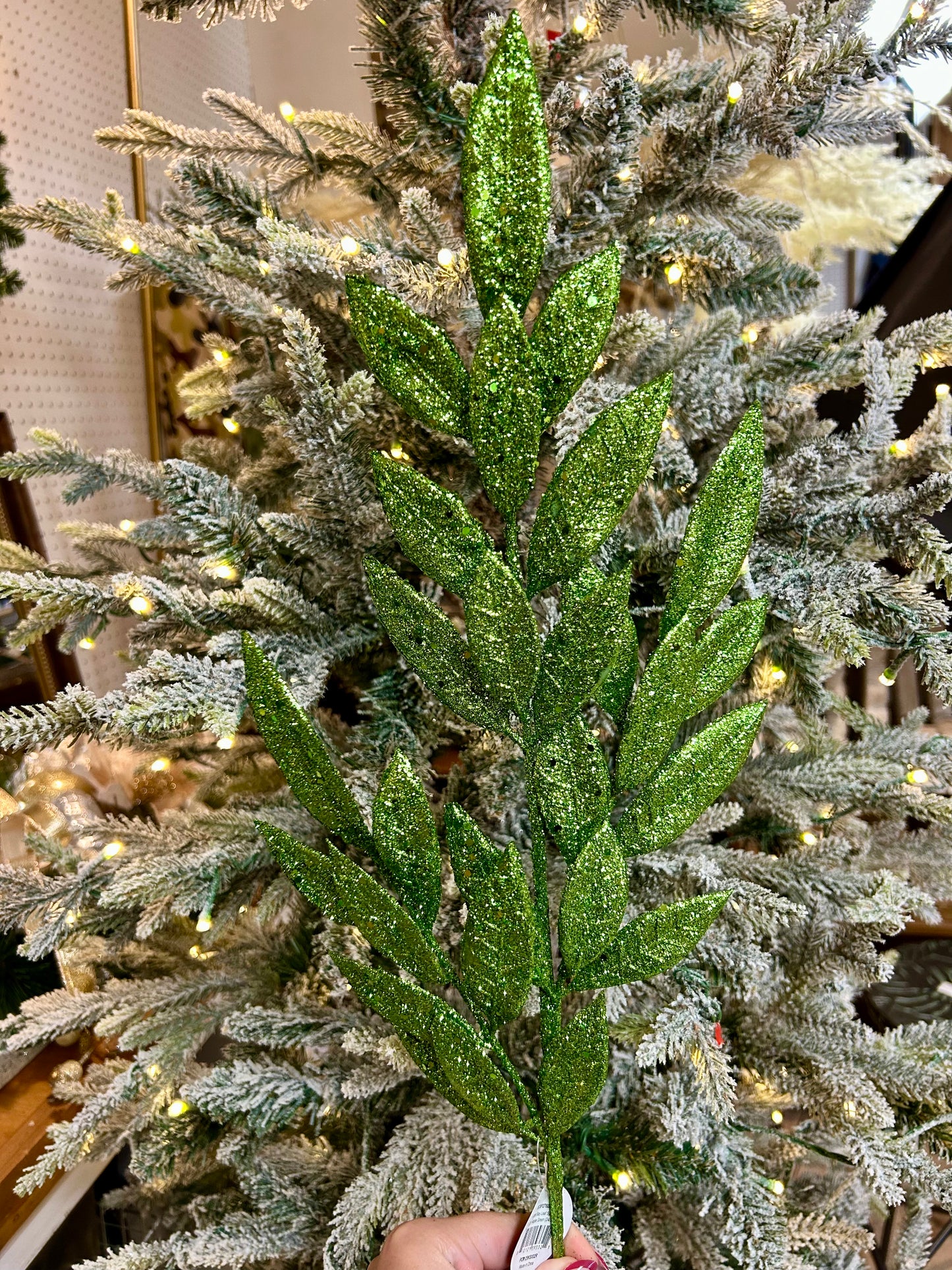 29 Inch Apple Green Glitter Bay Leaf Spray