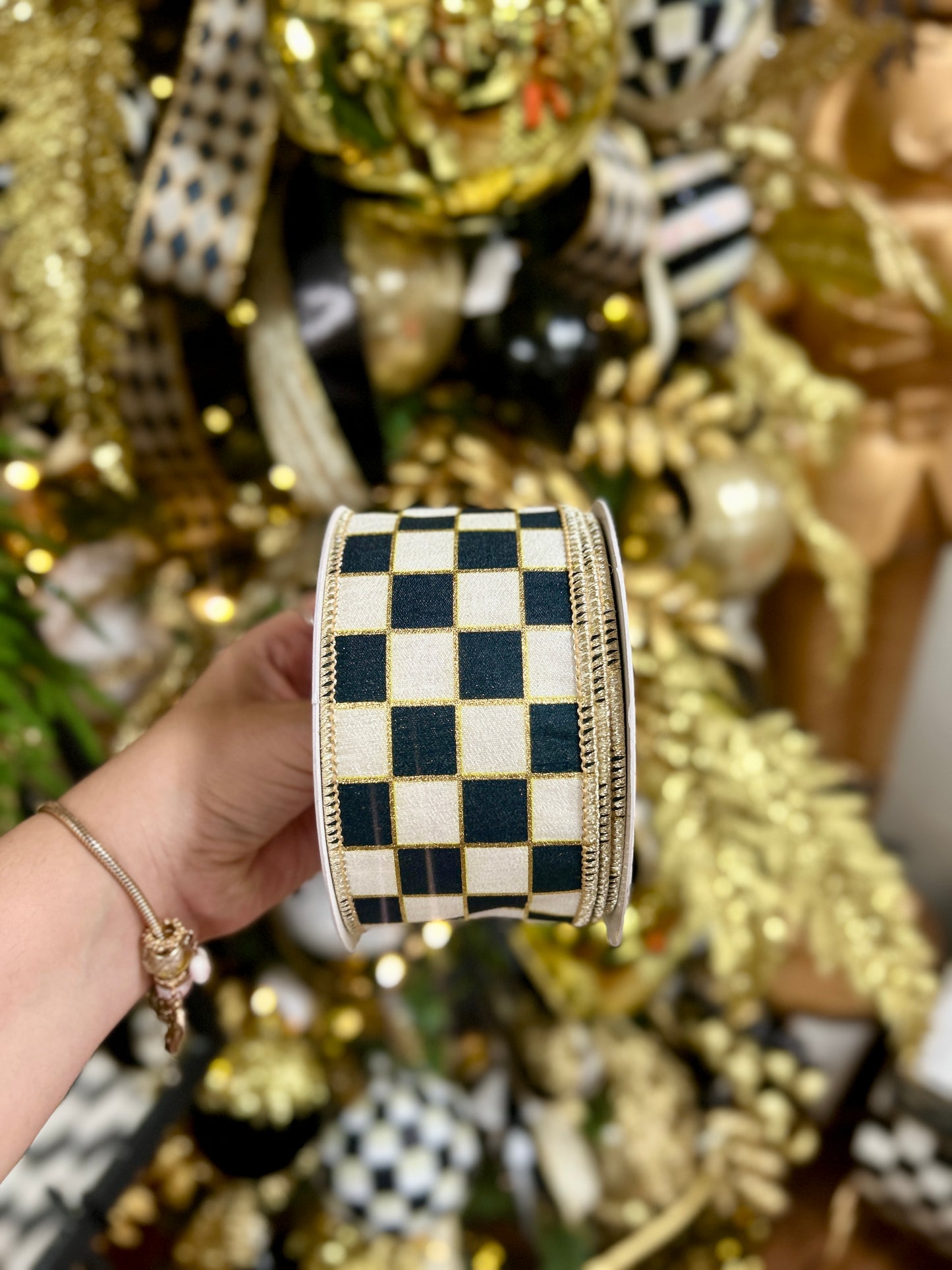 David Christopher 2.5 Inch By 10 Yard Classy Checks With Gold Backing Ribbon