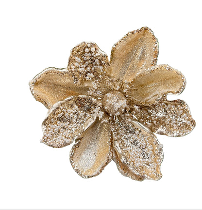 17 Inch Pearl Beaded Gold Magnolia Stem