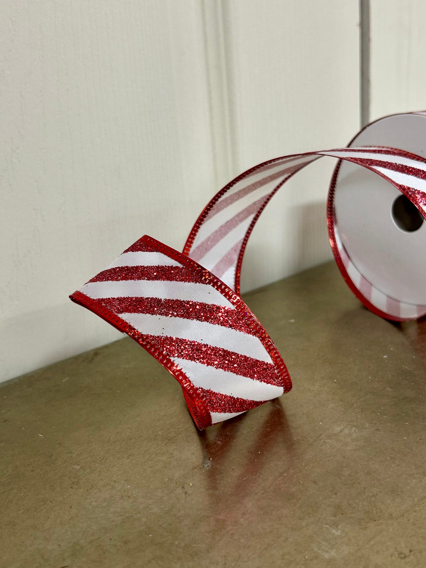 1.5 Inch By 10 Yard Red And White Glitter Candy Cane Stripe Ribbon