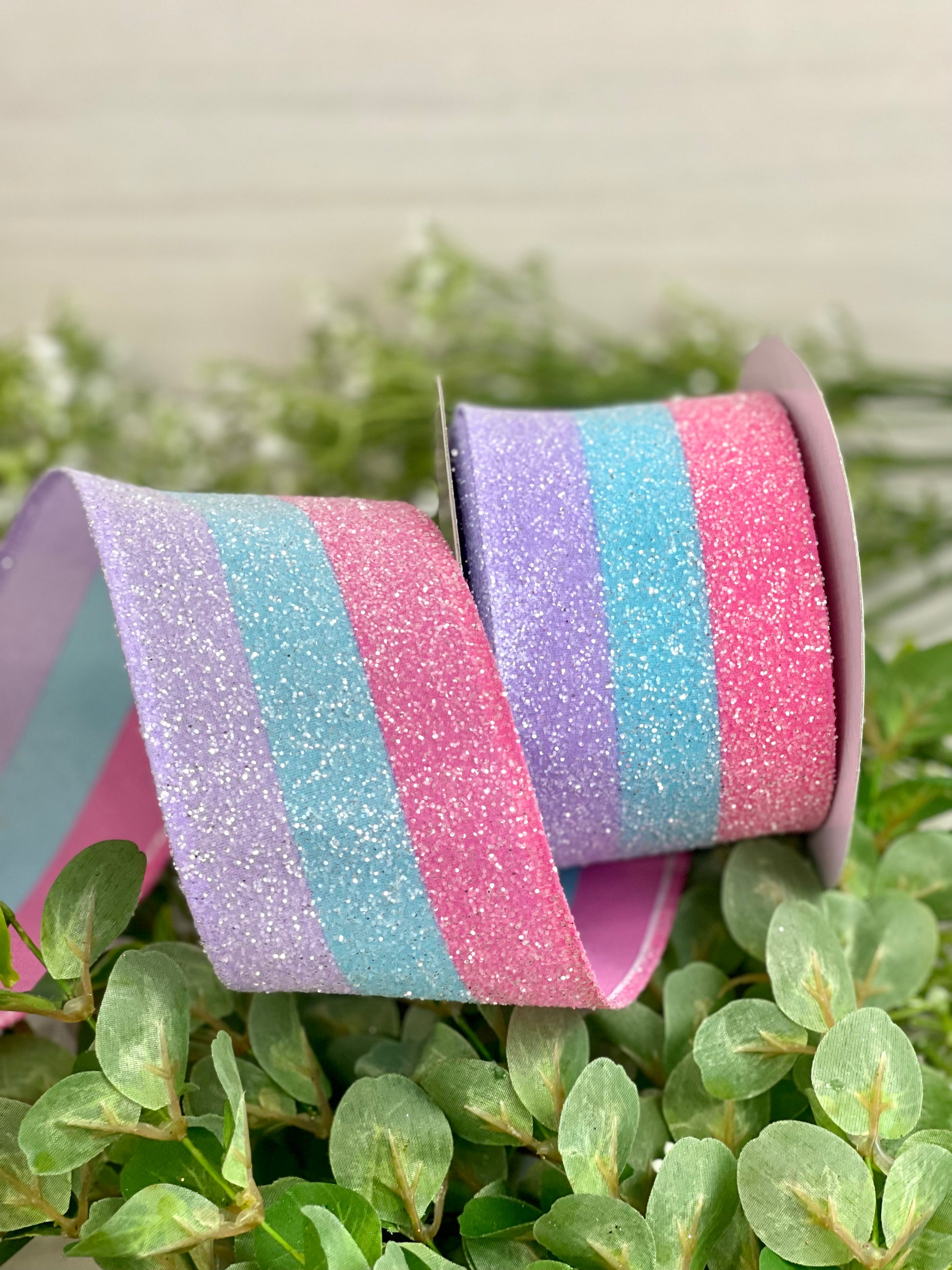 FREE SHIPPING - 10 Yards - 1.5 Wired Mint Green, White, and Pink Glitter  Swirl Stripe Ribbon - Christmas Ribbon - Winter Ribbon