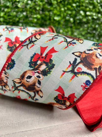 4 Inch By 10 Yard Retro Deer With Wreath With Red Backing Ribbon