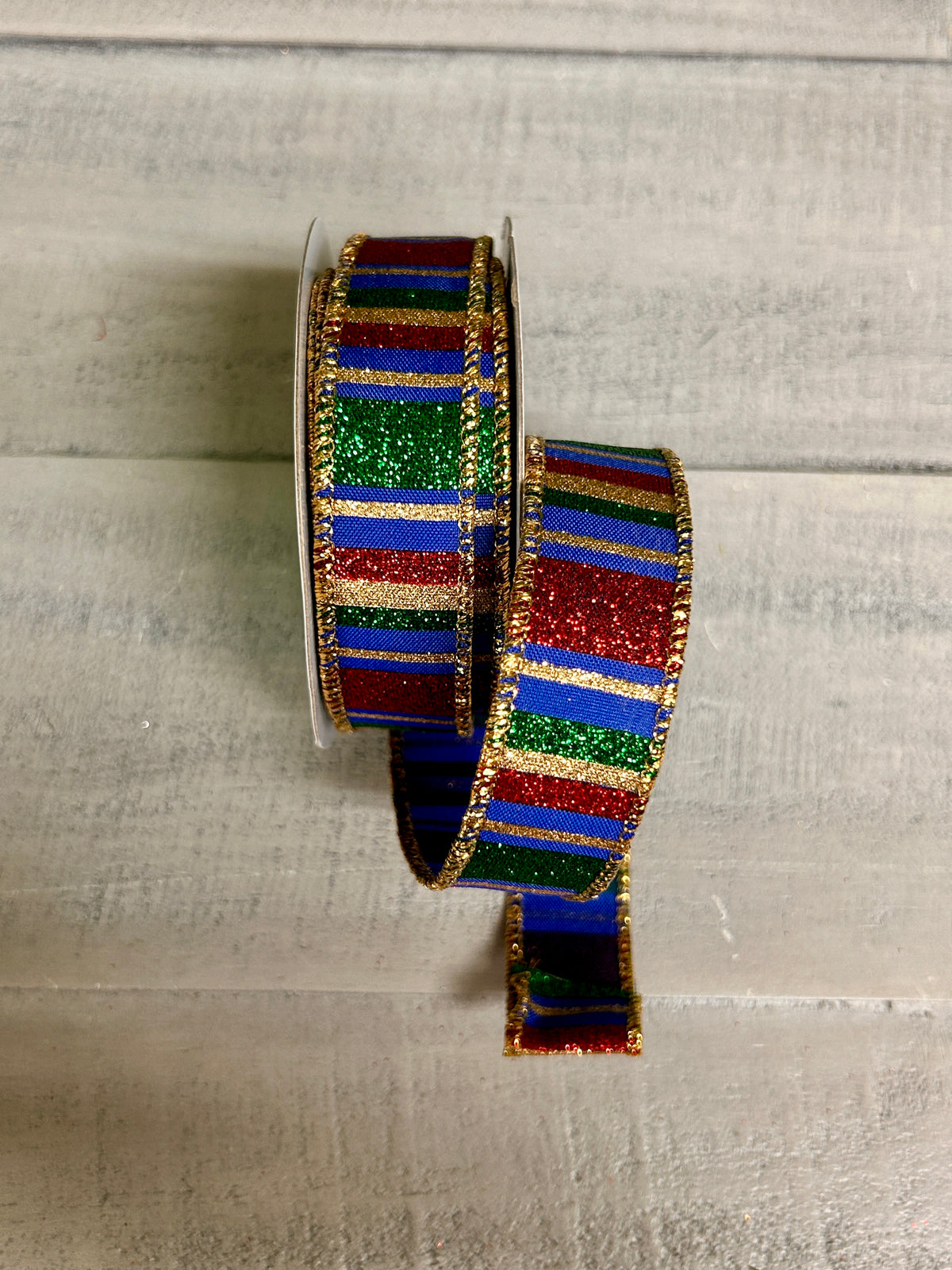 7/8 Inch By 10 Yard Royal Blue Red And Emerald Horizontal Stripe Ribbon