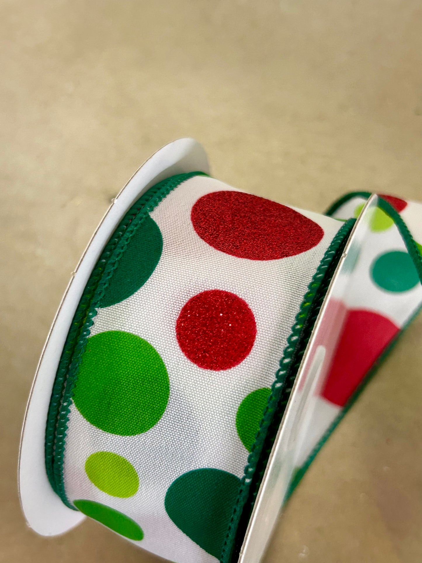 1.5 Inch By 10 Yard Lime Emerald And Red Glitter Dots Ribbon