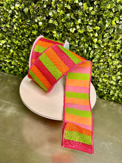 2.5 Inch By 10 Yard Hot Pink Orange And Lime Horizontal Glitter Stripes Ribbon