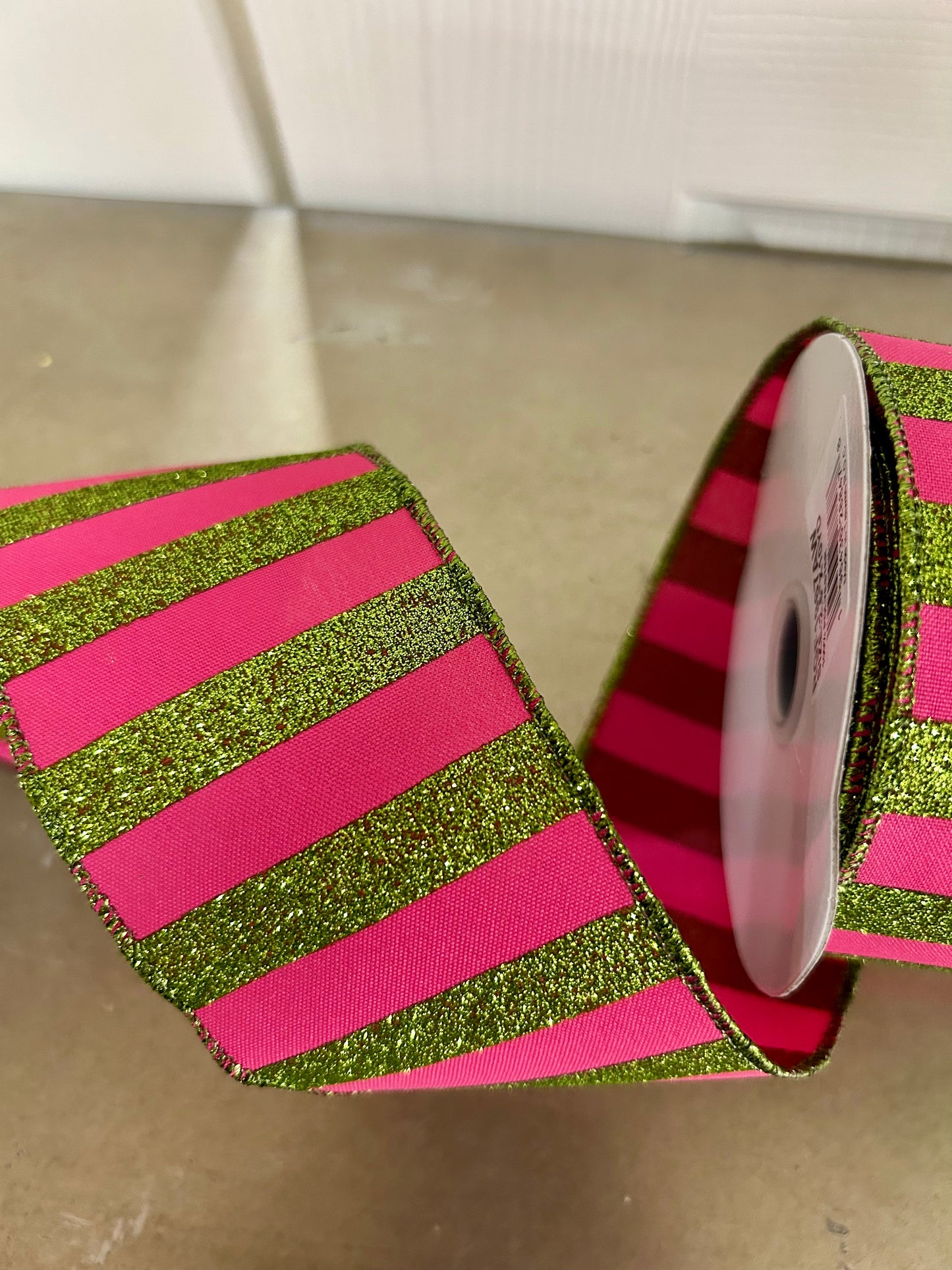 2.5 Inch By 10 Yard Hot Pink And Lime Green Horizontal Glitter Stripes Ribbon