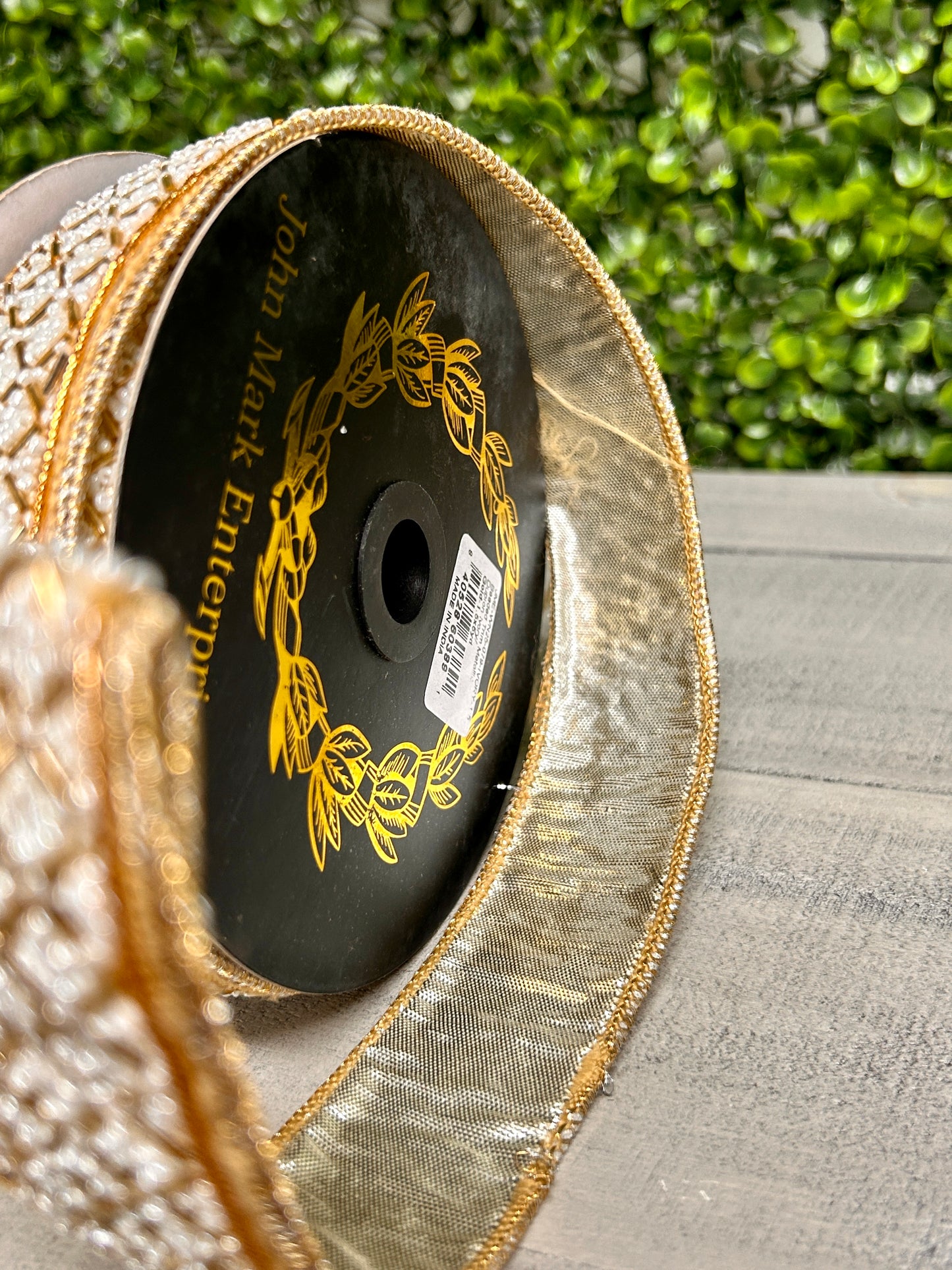 John Mark Enterprises 1.5 Inch By 5 Yard Ivory And Gold Beaded Trim Metallic Ribbon