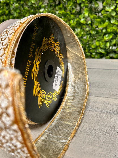 John Mark Enterprises 1.5 Inch By 5 Yard Ivory And Gold Beaded Trim Metallic Ribbon