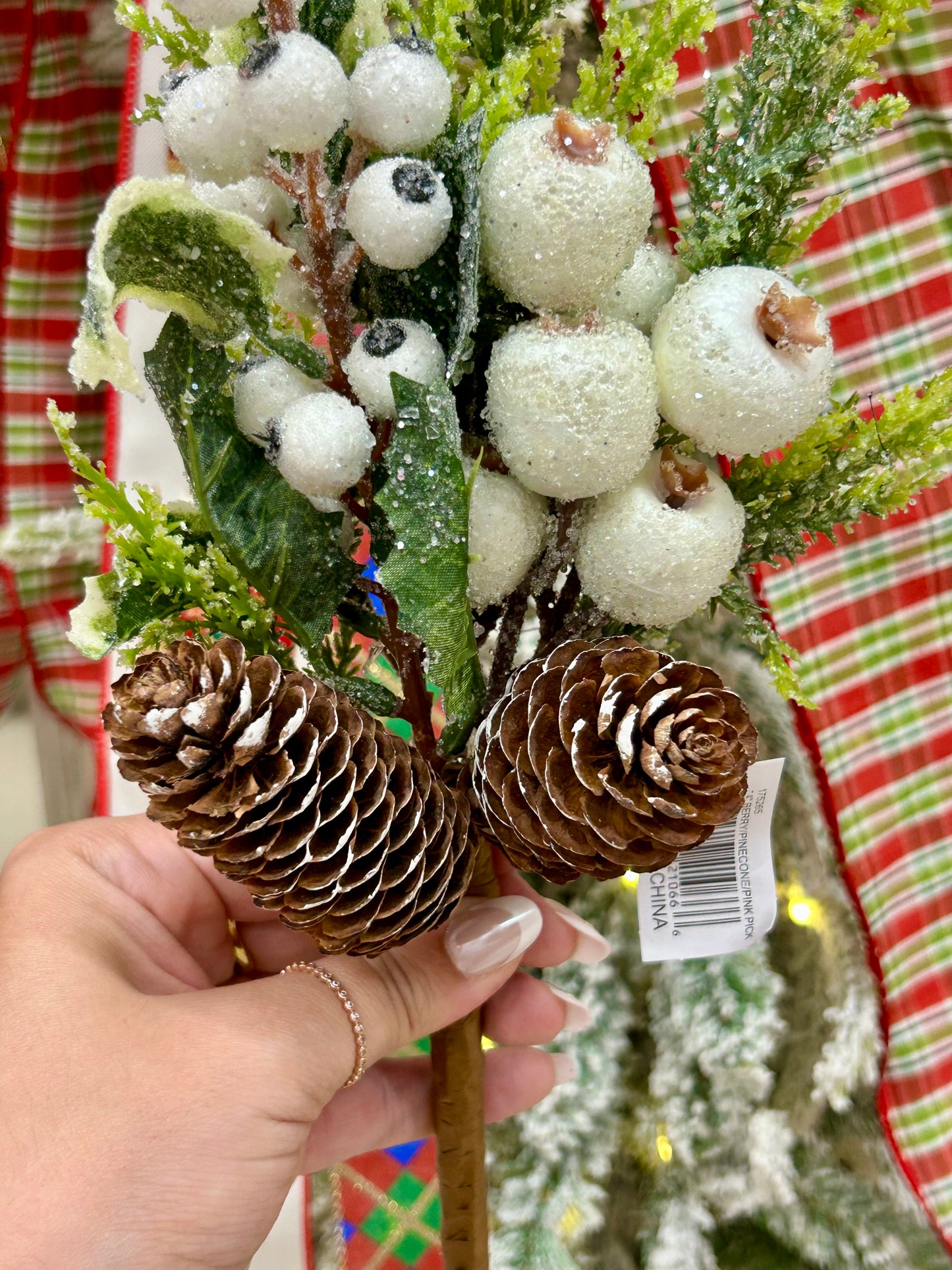 14 Inch White Berry Pinecone Pick