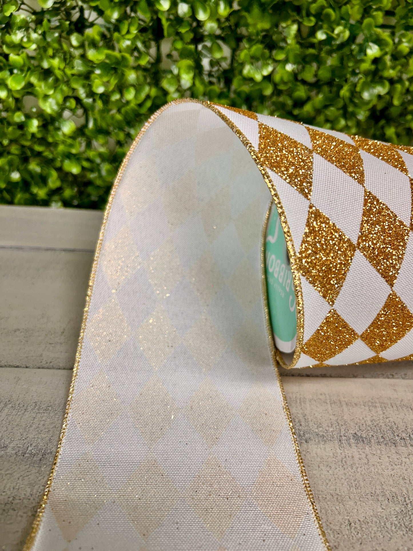 4 Inch By 10 Yard White And Gold Harlequin Check Ribbon