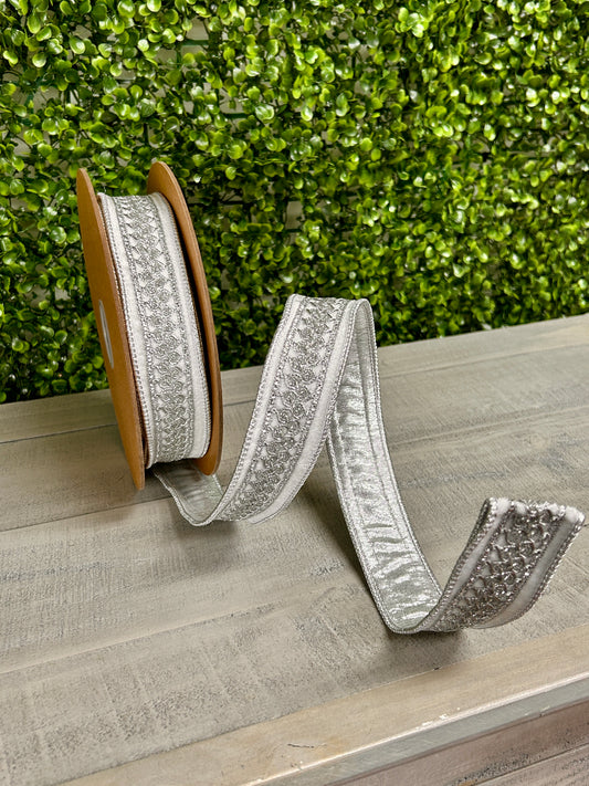 1.5 Inch By 10 Yard White And Silver Velvet Ribbon With Metallic Trim
