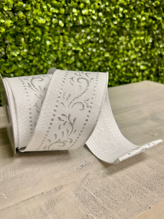 2.5 Inch By 10 Yard White And Silver Swirls Ribbon
