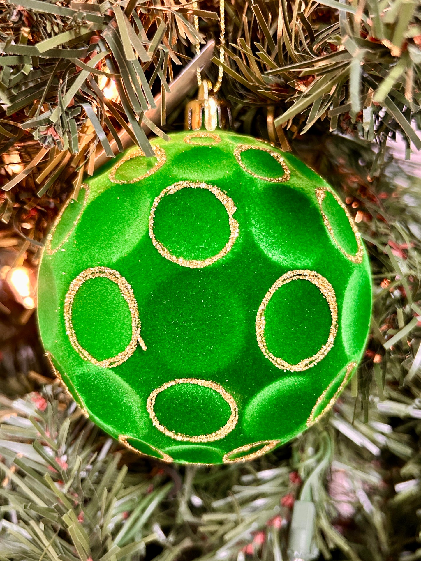 4 Inch Emerald Green And Gold Flocked Glitter Concave Ball Ornament