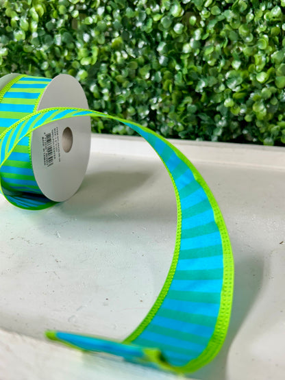 1.5 Inch By 10 Yard Lime Green And Turquoise Stripe Ribbon