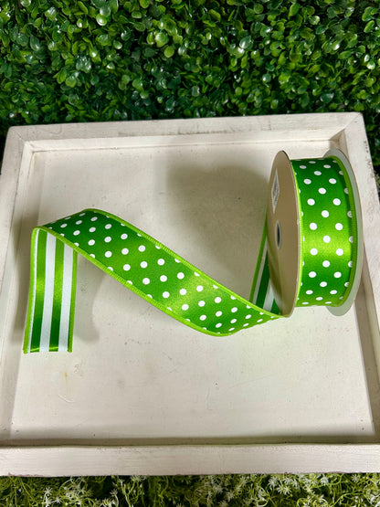 1.5 Inch By 10 Yard Fresh Green And White Polka Dot With Stripe Backing Ribbon