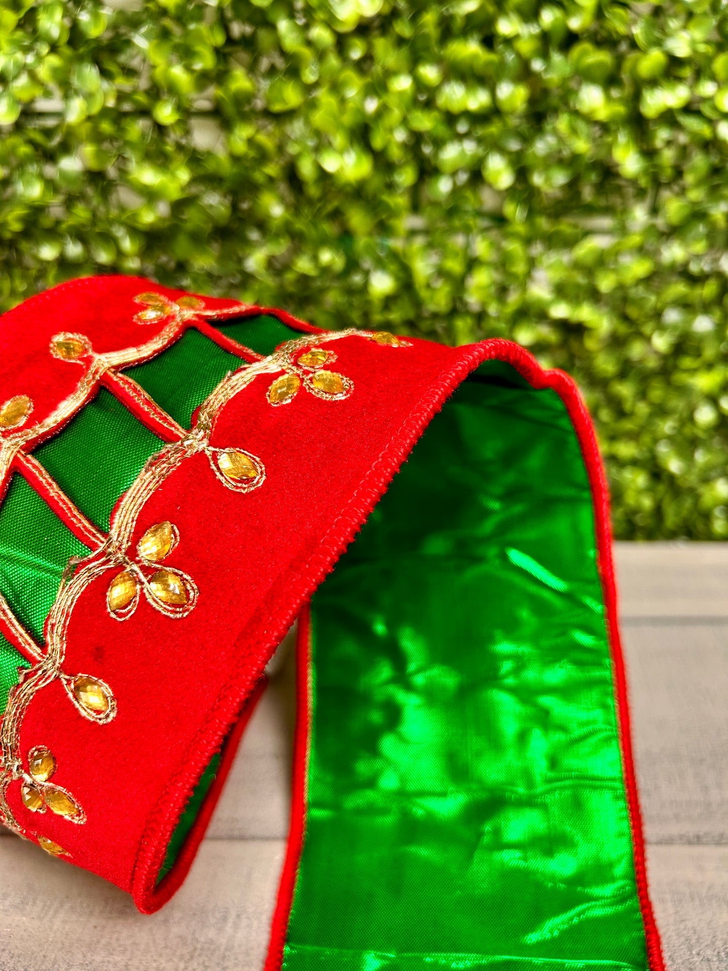 David Christopher 4 Inch By 5 Yard Regal Uniform Jeweled Trim on Red Velvet With Green Back Ribbon