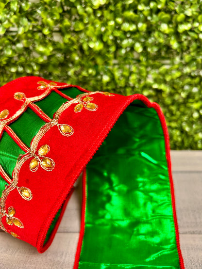 David Christopher 4 Inch By 5 Yard Regal Uniform Jeweled Trim on Red Velvet With Green Back Ribbon