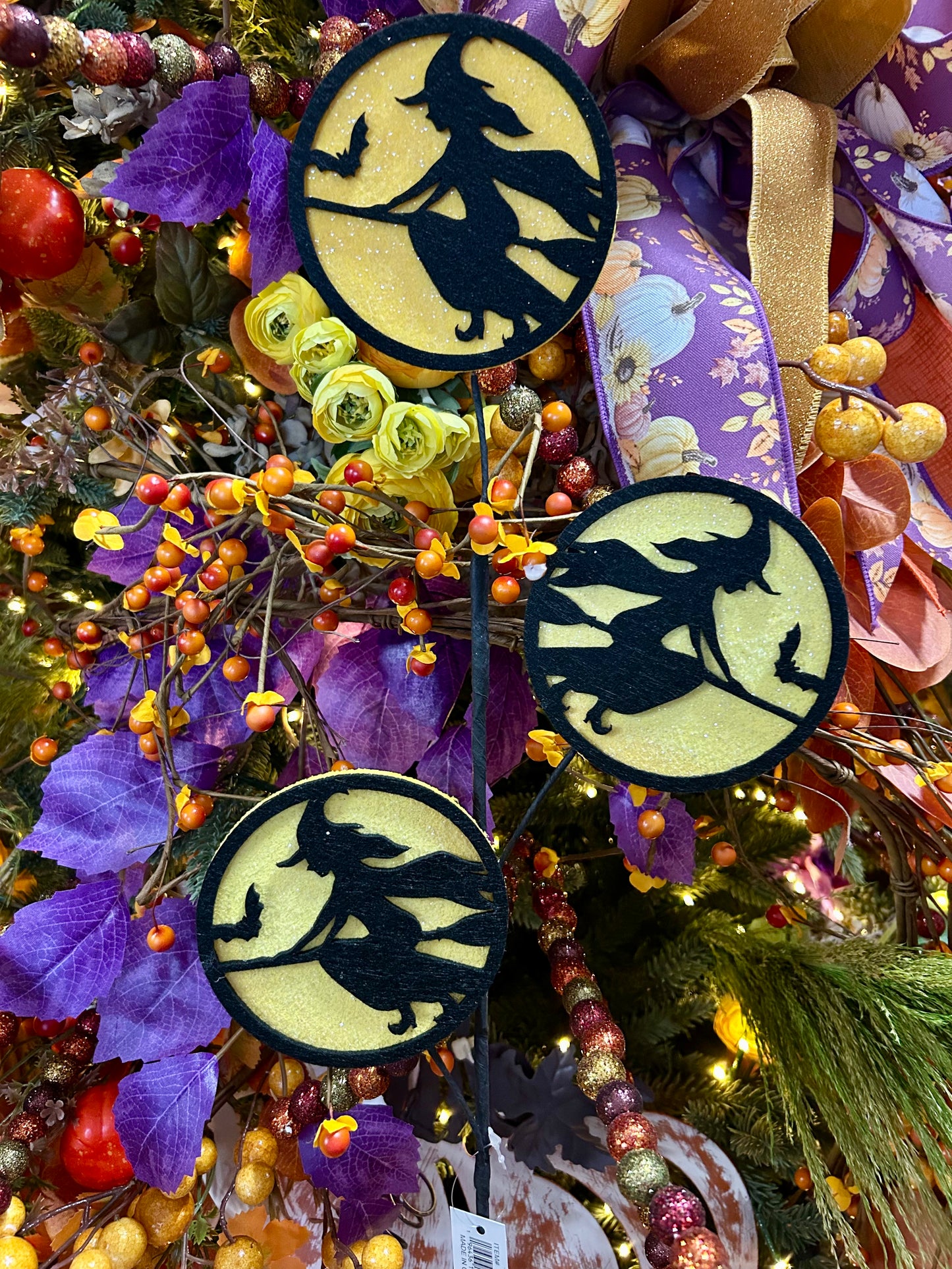 30 Inch Black And Yellow Glitter Felt Flying Witch Spray