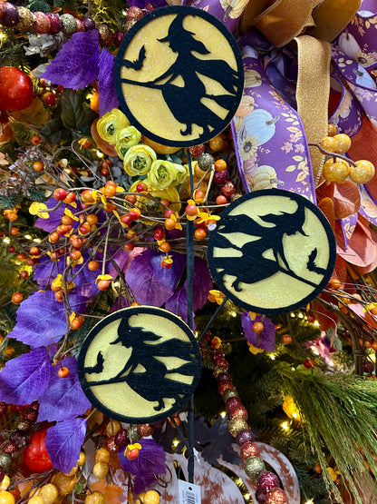30 Inch Black And Yellow Glitter Felt Flying Witch Spray