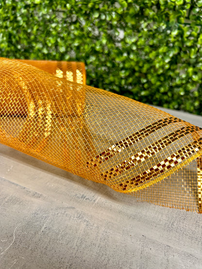 10 Inch By 10 Yard Brown And Gold Border Stripe Metallic Mesh