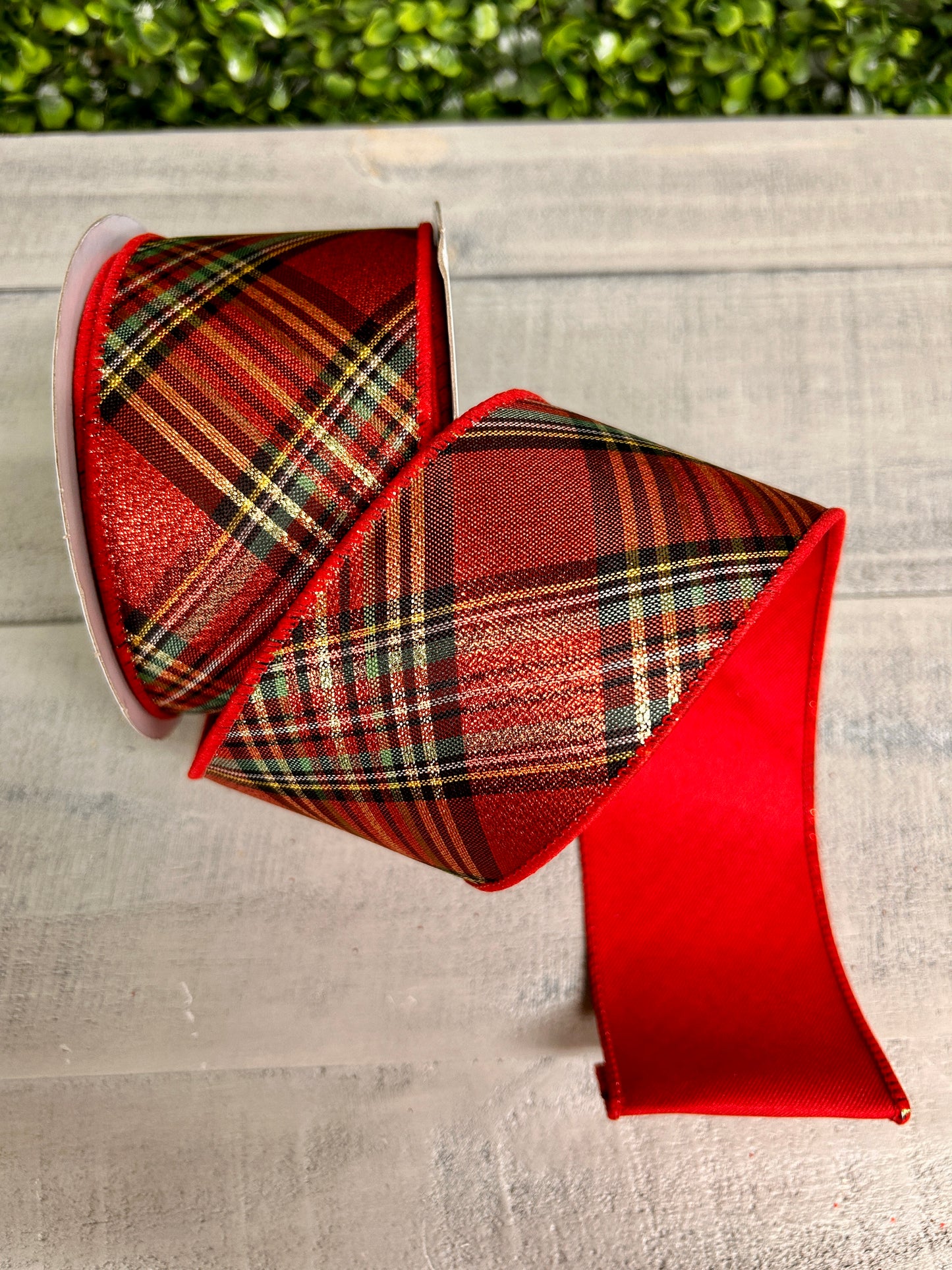 2.5 Inch By 10 Yard Red Green And Yellow Metallic Diagonal Plaid With Fused Back Ribbon