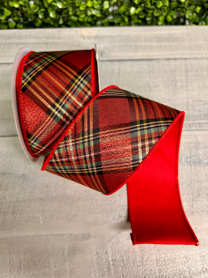 2.5 Inch By 10 Yard Red Green And Yellow Metallic Diagonal Plaid With Fused Back Ribbon