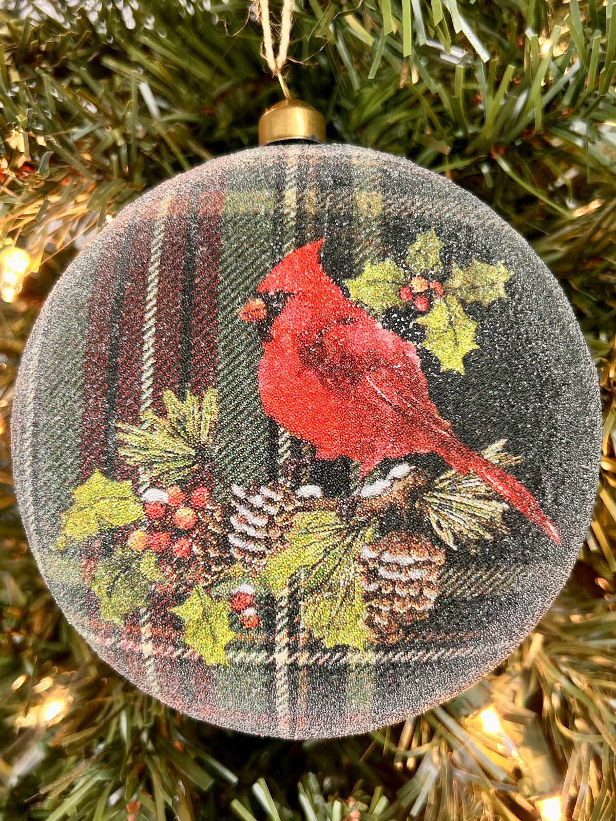 4.5 Inch Plaid Bead Cardinal Ornament