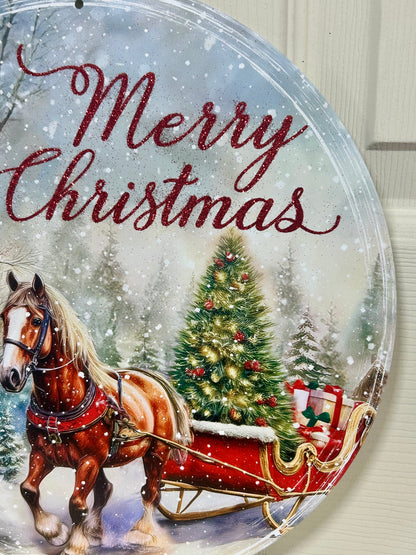 12 Inch Horse With Sleigh Merry Christmas Metal Sign