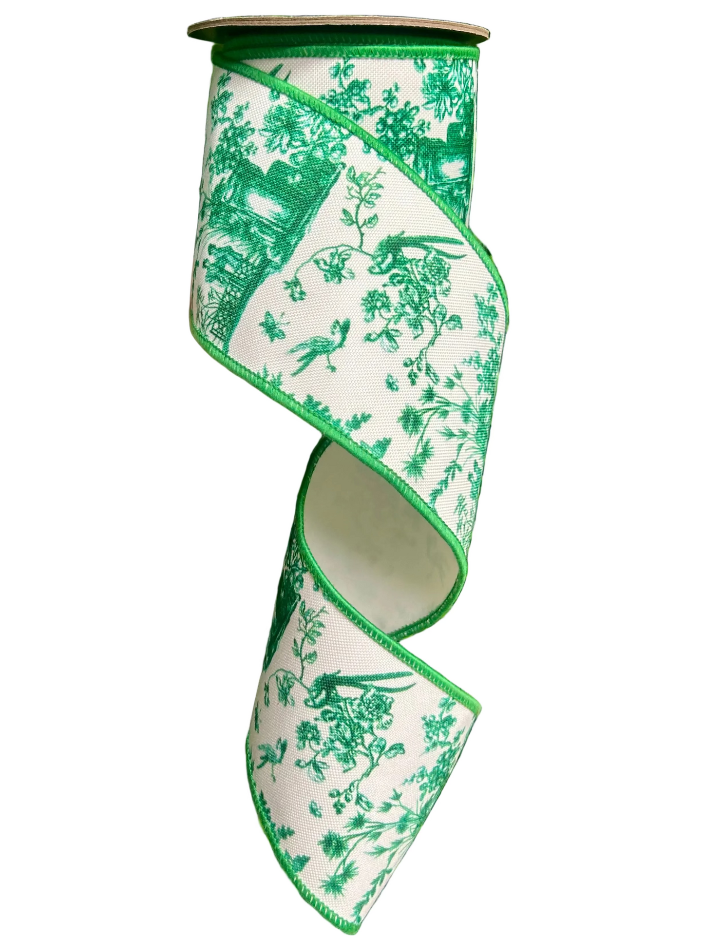 4 Inch By 5 Yard Green And White Asian Vista Chinoiserie Deluxe Ribbon