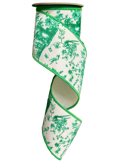 4 Inch By 5 Yard Green And White Asian Vista Chinoiserie Deluxe Ribbon