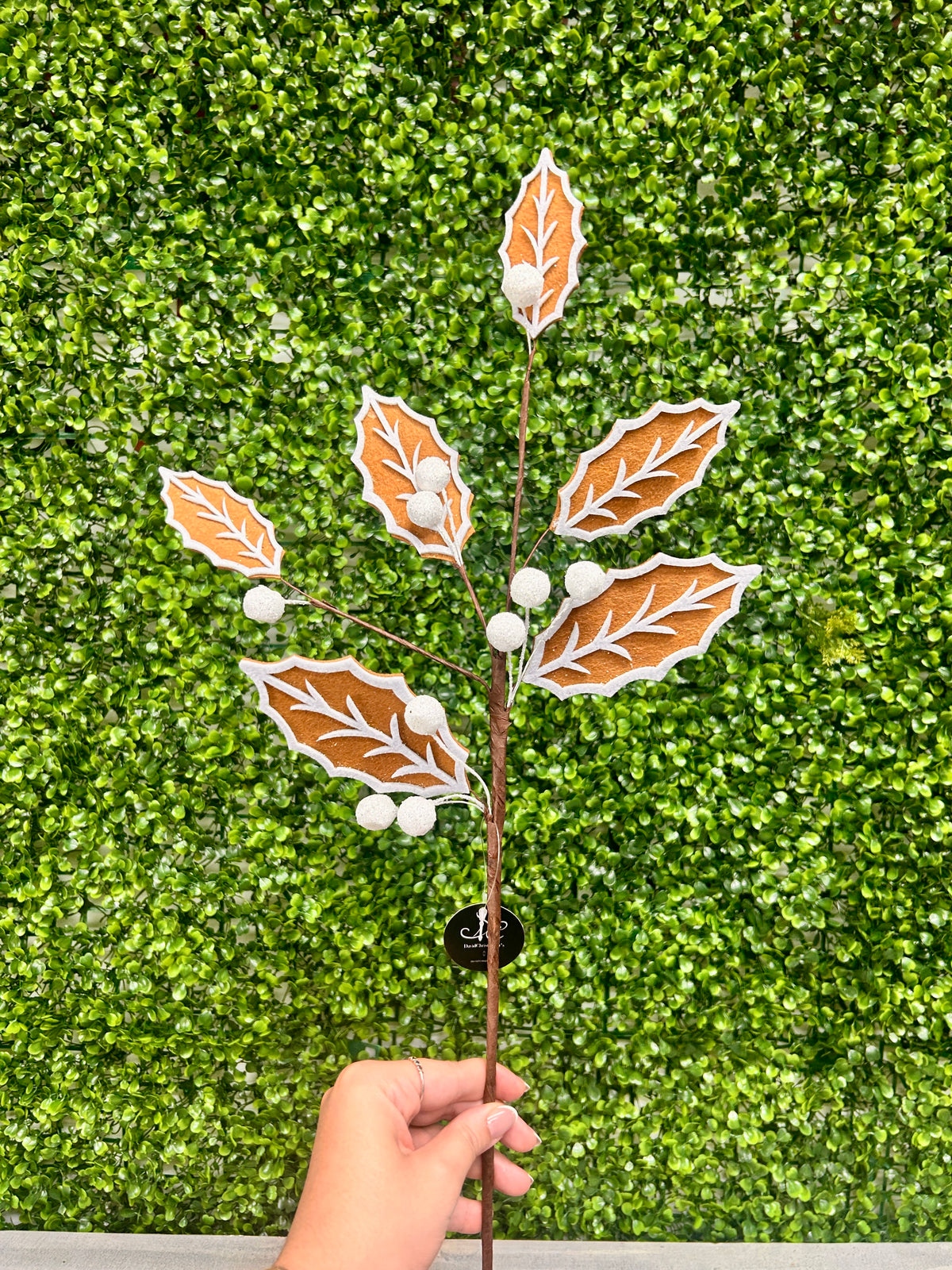 26 Inch Felt Gingerbread Iced Leaf And Berry Stem