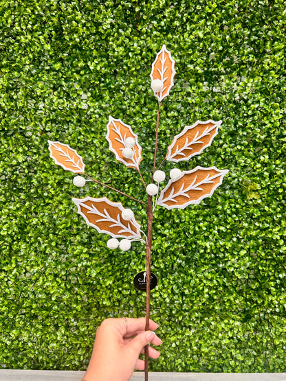 26 Inch Felt Gingerbread Iced Leaf And Berry Stem