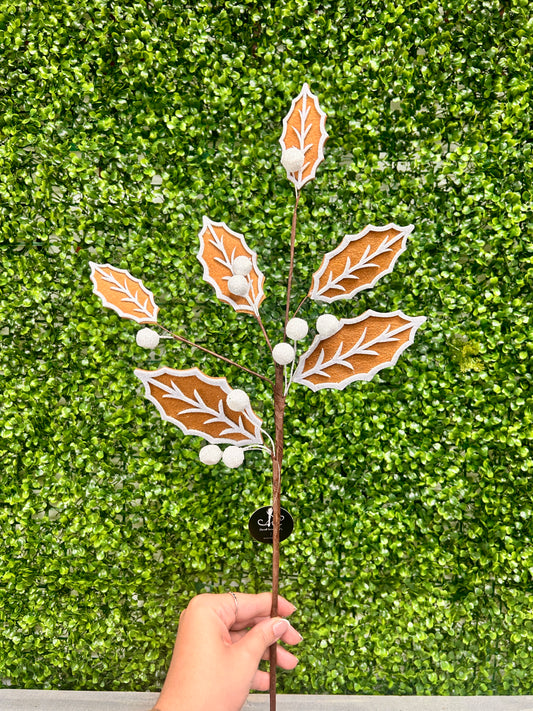 26 Inch Felt Gingerbread Iced Leaf And Berry Stem