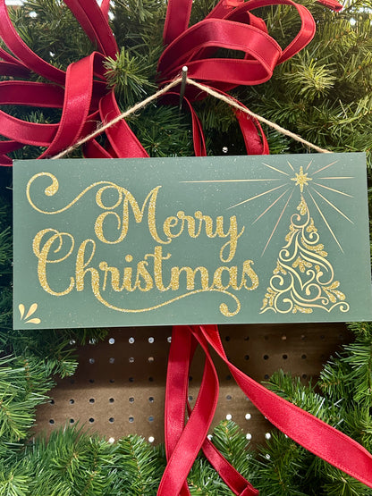 12.5 Inch Hunter Green And Gold Glitter Christmas Swirl Tree Sign