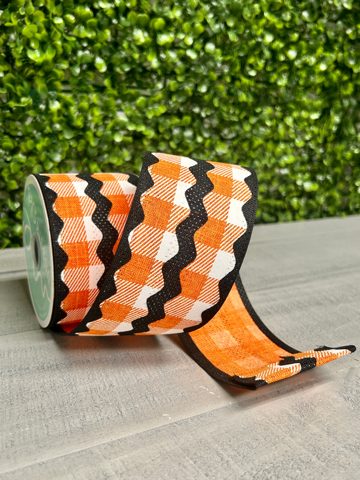 2.5 Inch By 10 Yard Orange Black And White Royal Burlap Ric Rac On Plaid Ribbon