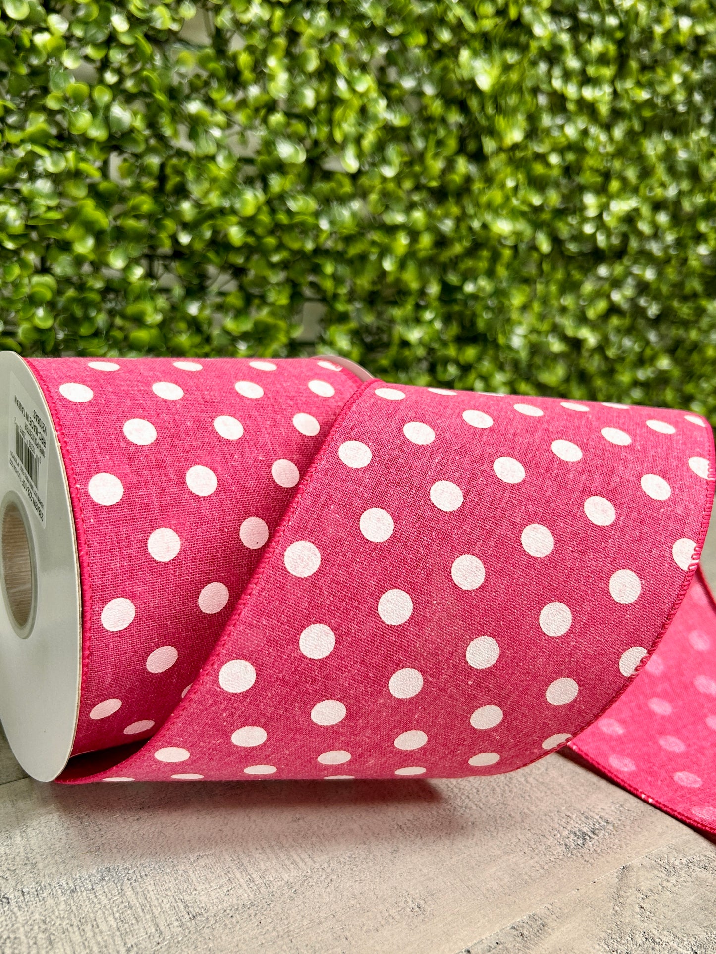 4 Inch By 10 Yard Fuchsia Polka Dot Linen Ribbon