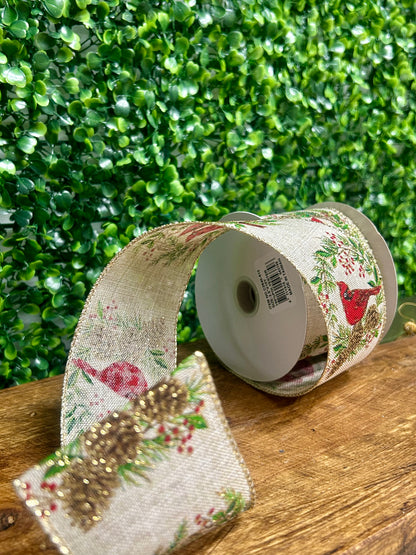 2.5 Inch By 10 Yard Cardinals In A Wreath Ribbon