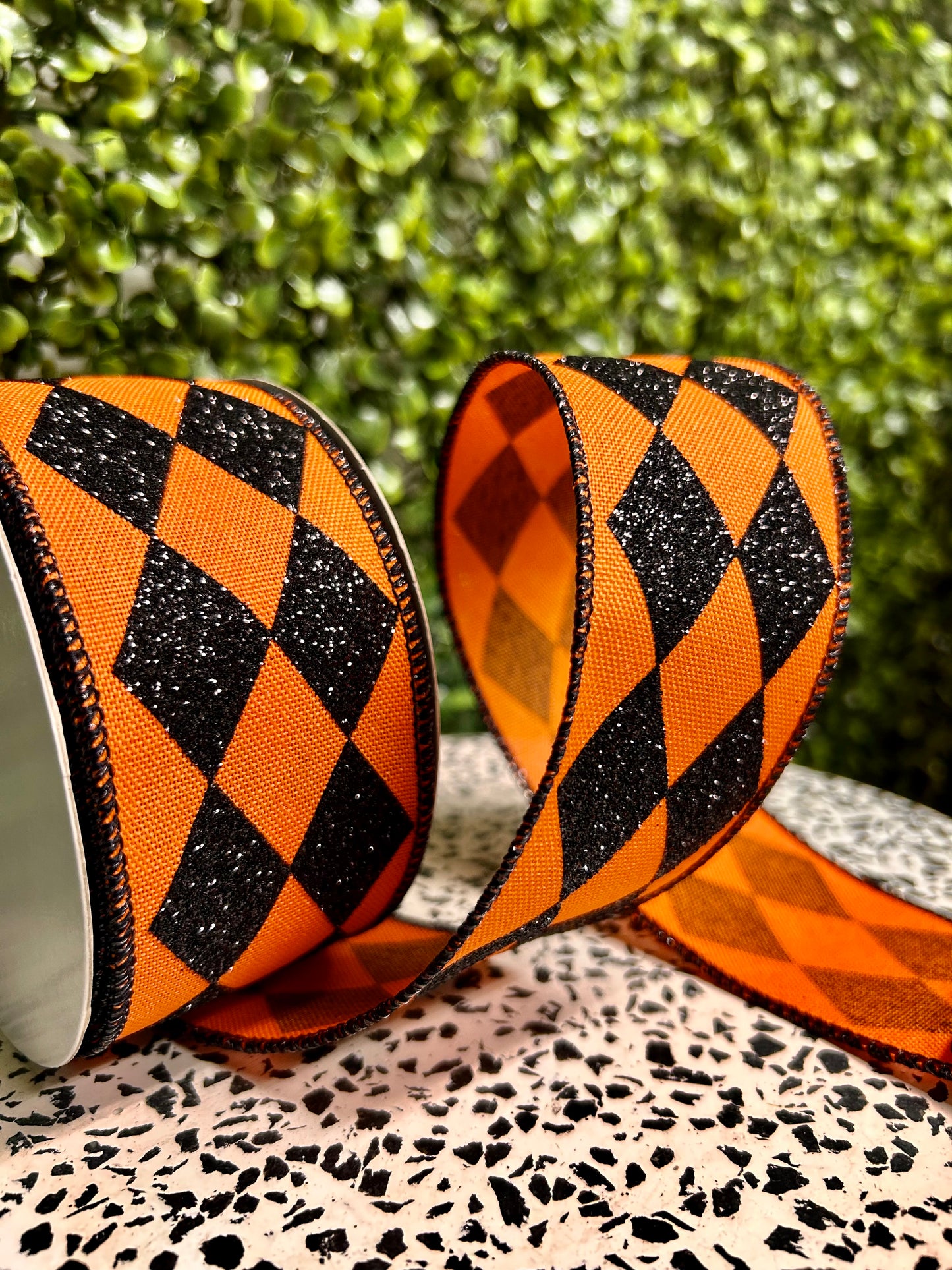 2 Inch By 10 Yard Orange And Black Glitter Harlequin Check Ribbon