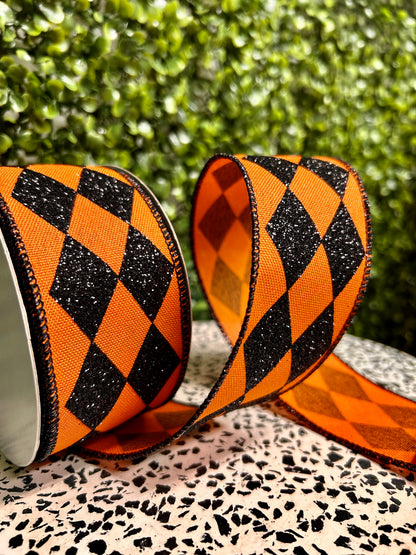 2 Inch By 10 Yard Orange And Black Glitter Harlequin Check Ribbon