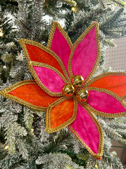 14 Inch Hot Pink Orange And Gold Velvet Poinsettia Pick With Lace Edge